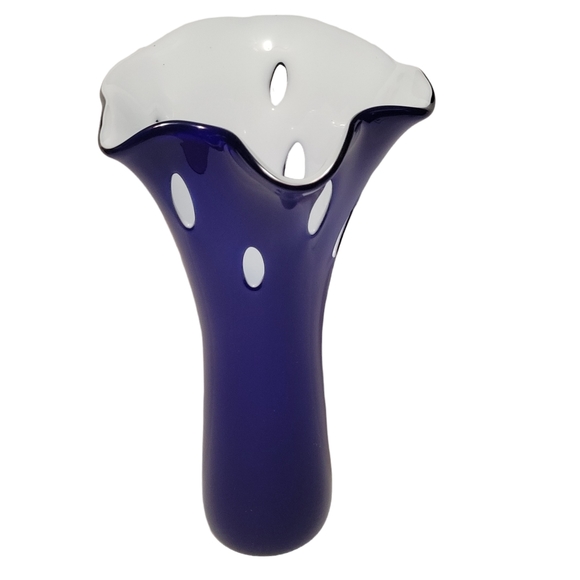 Cobalt Blue Milky White Inside Ruffled Top Cut Outs 12" Tall Vase - Picture 3 of 11